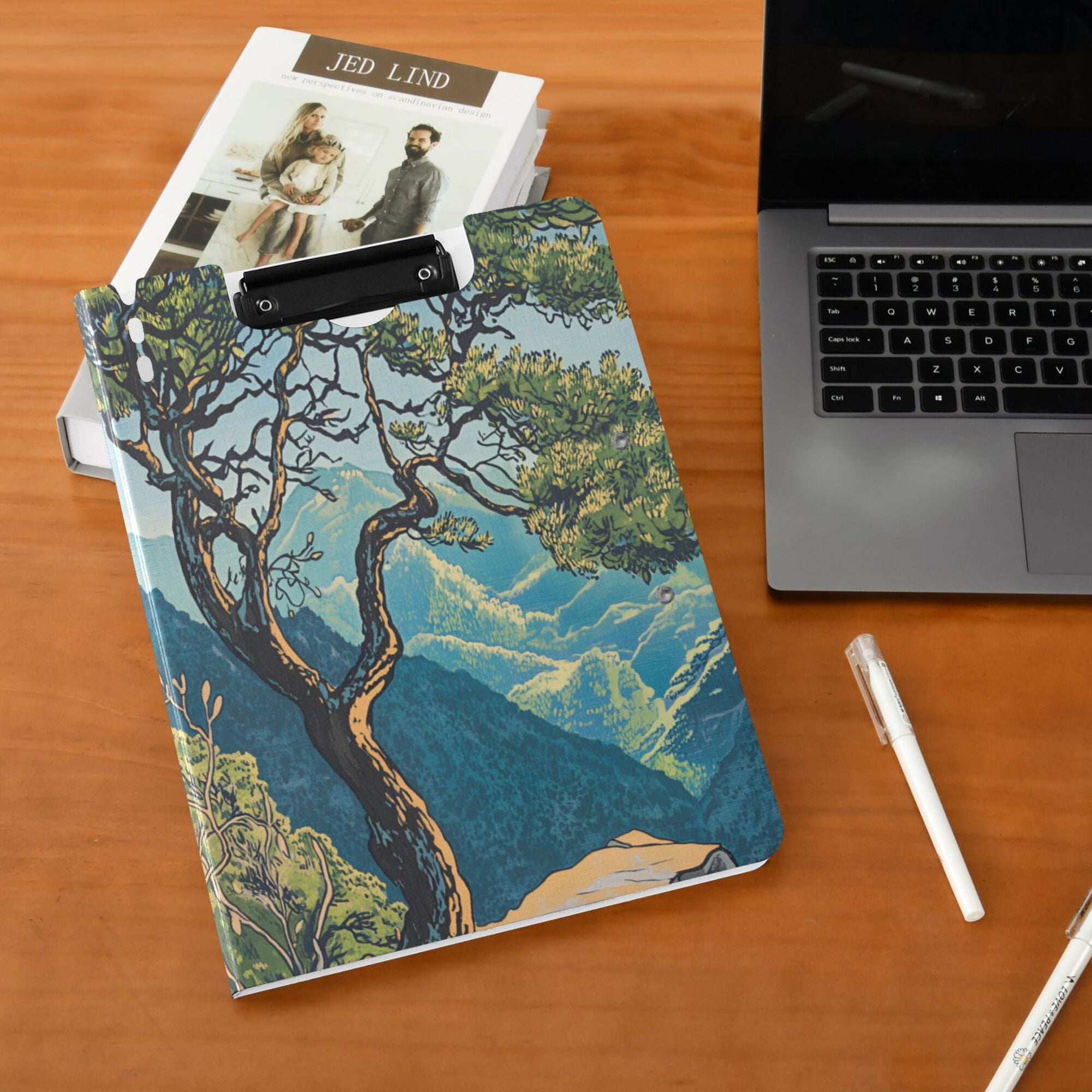 FORMRS A4 Clipboard Folder with Pen Holder Horizontal Foldable School Office Binder, Yellow Tree