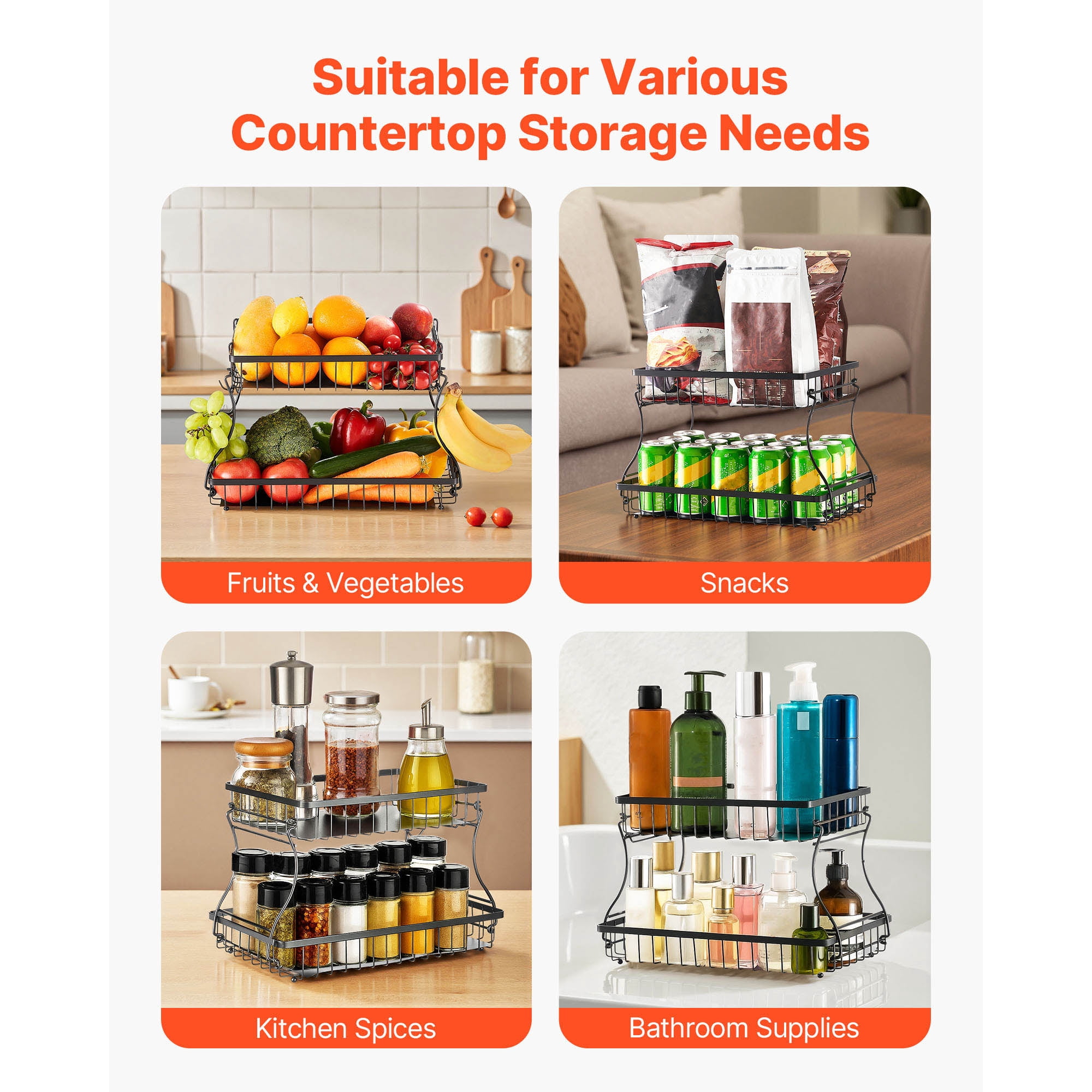 KFFKFF 2-Tier Fruit Basket with Banana Hooks, Metal Wire Storage Organizer for Kitchen Counter, Detachable and Stackable Holder for Fruits, Vegetables, Bread, and Snacks, Black