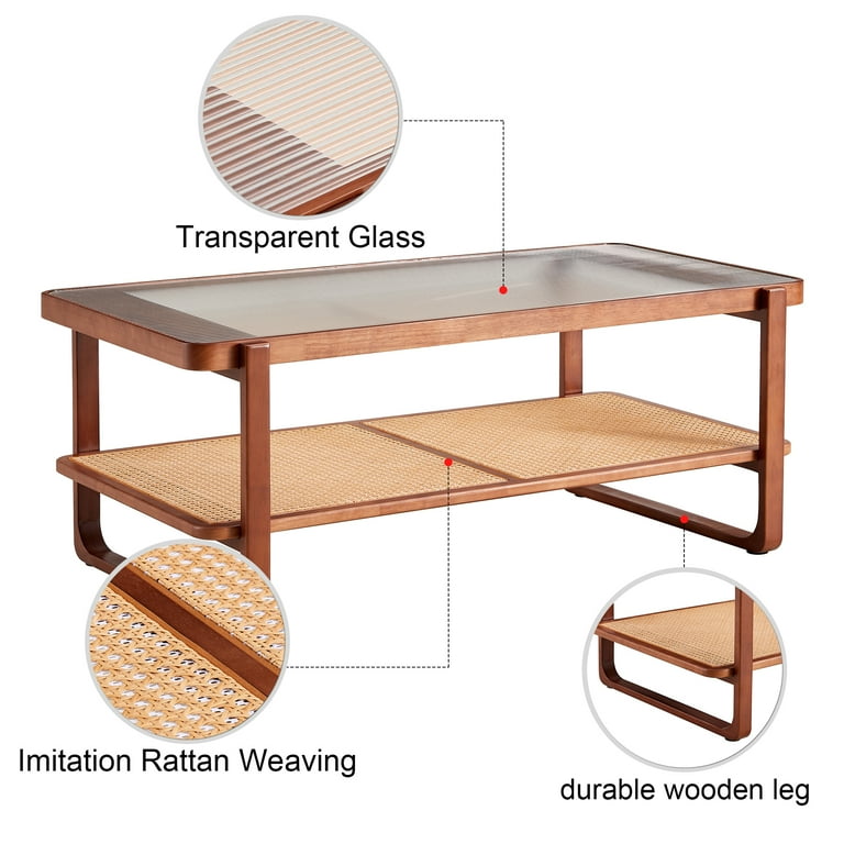 Modern Rattan Woven Tea Table with Solid Wood Glass Desktop Chinese Simple Rectangle Double Layer Side Table Solid Wood Coffee Table for Dining