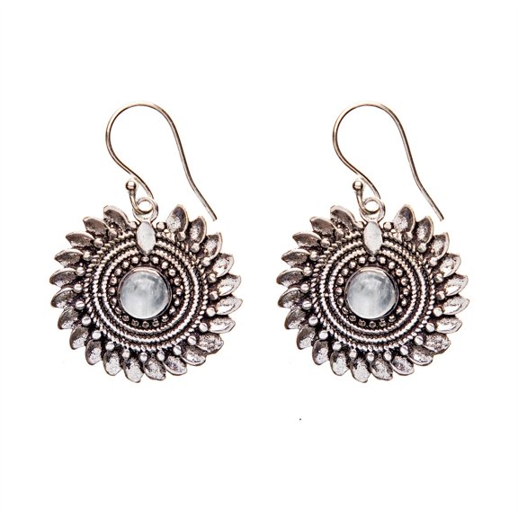 Silver Brass Moonstone Flower Sun Rope Dot Mandala Dangle Earrings