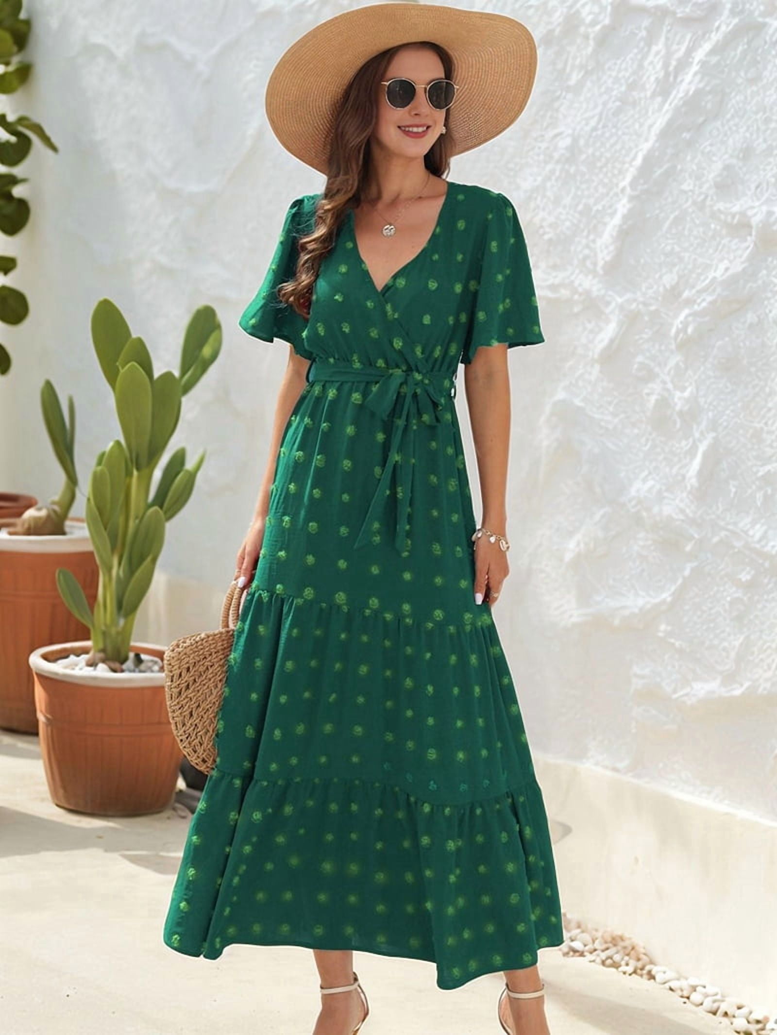 Boho Dot Summer Maxi Dresses for Women Wrap V Neck Short Sleeve Long Flowy Church Wedding Guest Dress Green L