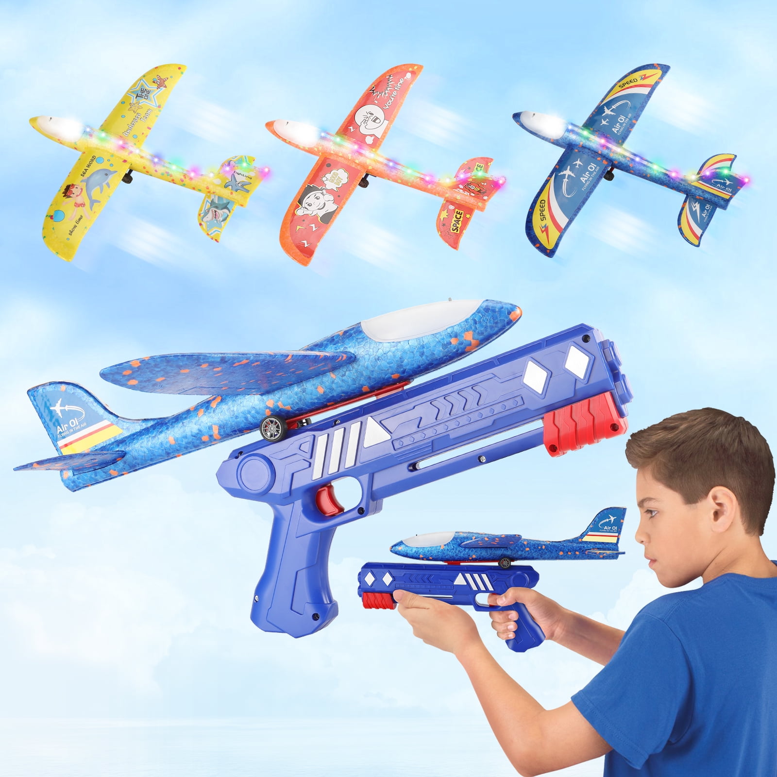 3 Pack Airplane Launcher Toys, 2 Flight Modes LED Light Foam Glider Catapult Plane Toy,Outdoor Flying Toys Birthday Gifts for Kids Boys Girls 3 4 5 6 7 8 9 10 Year Old
