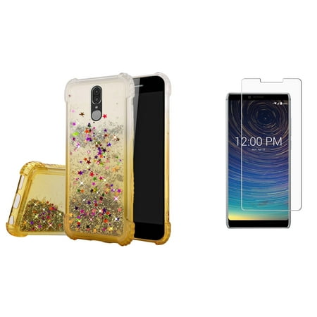 Bemz Glitter Series Compatible with Coolpad Legacy (2019) Case with Slim Flowing Liquid Quicksand Waterfall Two-Tone Cover (Gold/Stars), Tempered Glass Screen Protector and Atom