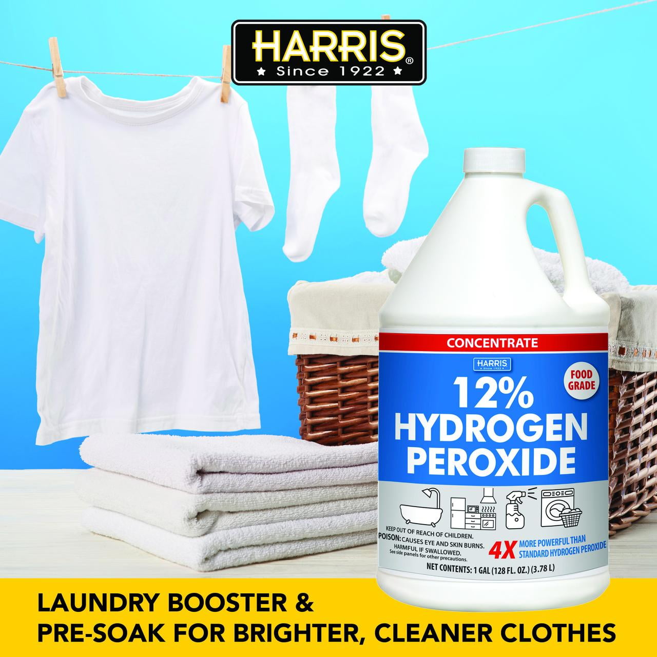 HARRIS 12% Concentrated Hydrogen Peroxide, 128oz, for Kitchen, Bath, Laundry, Home and Garden with Easy Fill Funnel