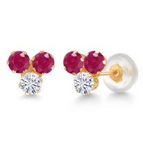 Gem Stone King 14K Yellow Gold Red Ruby and White Moissanite Three Stone Stud Earrings for Women (0.82 Cttw, Gemstone July Birthstone, Round 3MM)