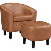Easyfashion Barrel Accent Chair with Ottoman, Brown Faux Leather