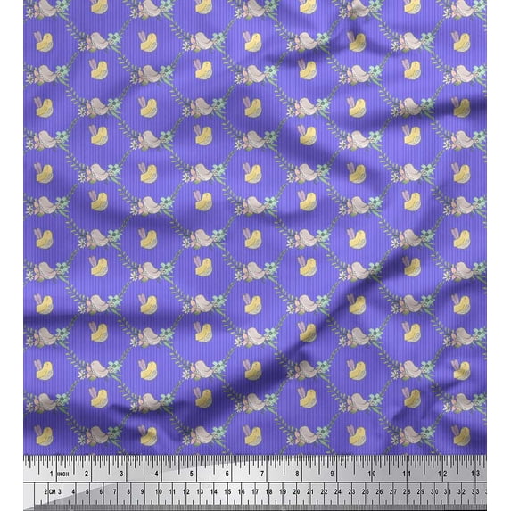 Soimoi Purple Poly Georgette Fabric Leaves,Floral & Bird Stripe Printed Fabric 1 Yard 42 Inch Wide