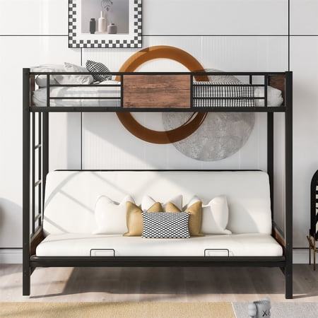 Twin Over Futon/Full Bunk Bed  Metal Bunk Bed Convertible Sofa Couch with Guardrails and Ladder  Steel Slats Support Bedroom Mattress Foundation Bed Frame for Children Teens Girl Boys Adults  Black