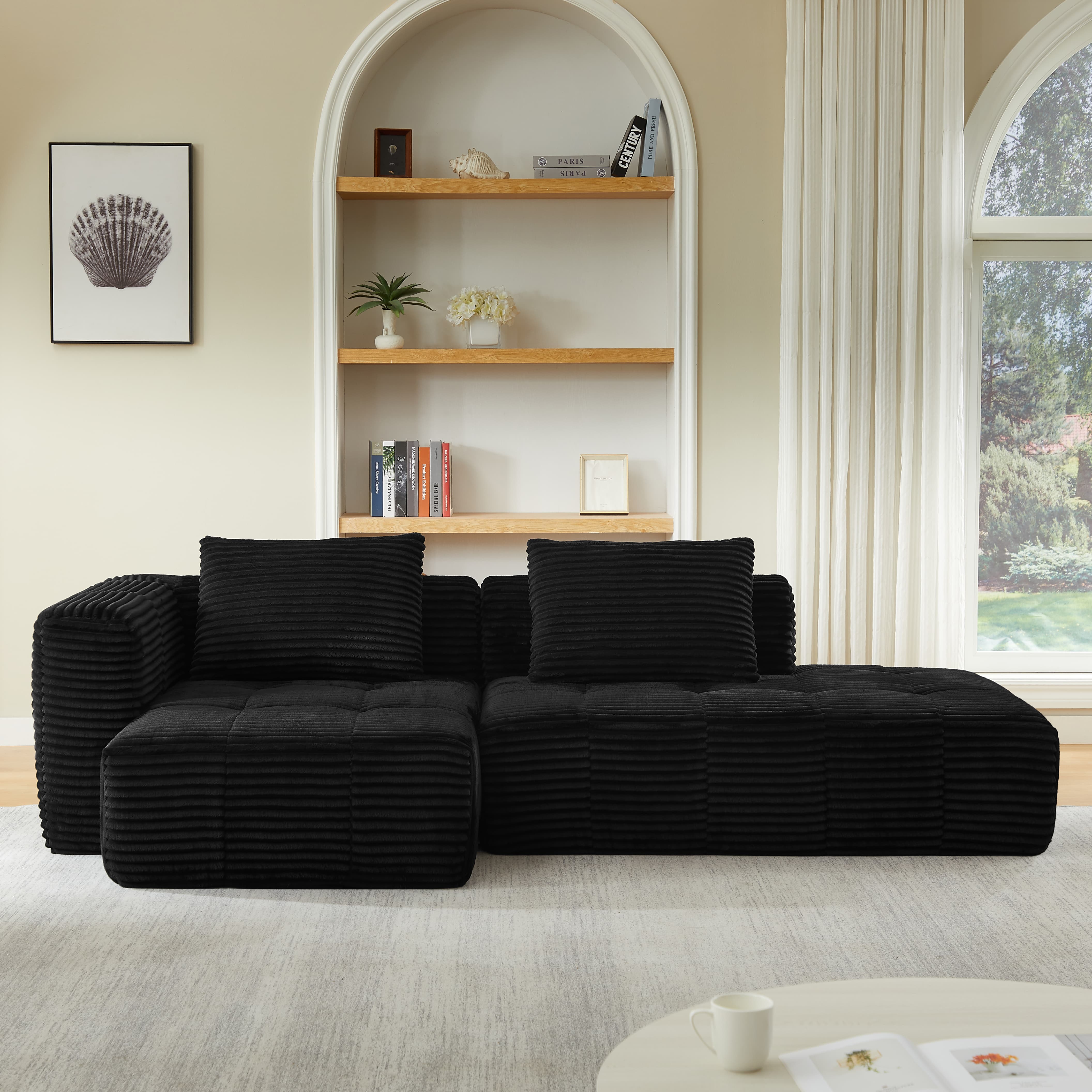 MAYEERTY Corduroy L-Shape Cloud Sectional Chaise Lounge Sofa, Minimalist Modular Couches for Living Room,107*57*33"Black