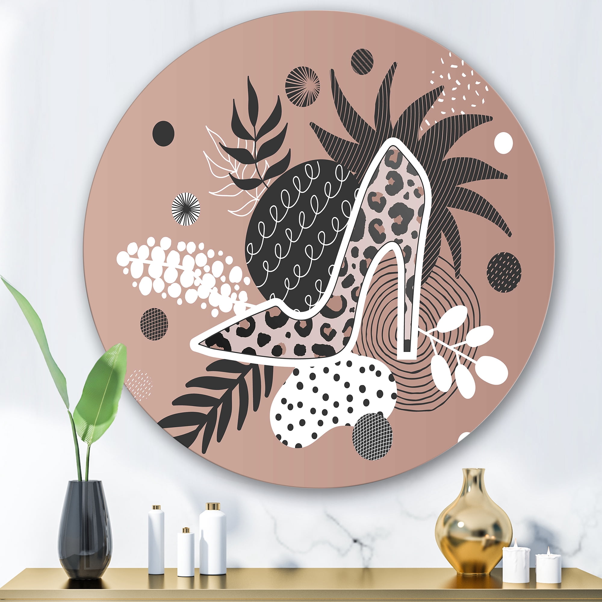 Designart 'Leopard High-Heeled Shoes On Tropical Leaves' Modern Circle Metal Wall Art 36x36 - Disc of 36