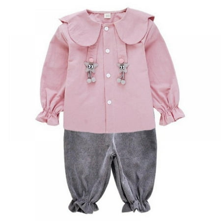 

Spdoo 2PCS Baby Girl Fall Outfits Cotton Long Sleeve T-Shirt Pants Set Doll Collar Button Tops Ruffle Bobysuit For Girls 1-9 years