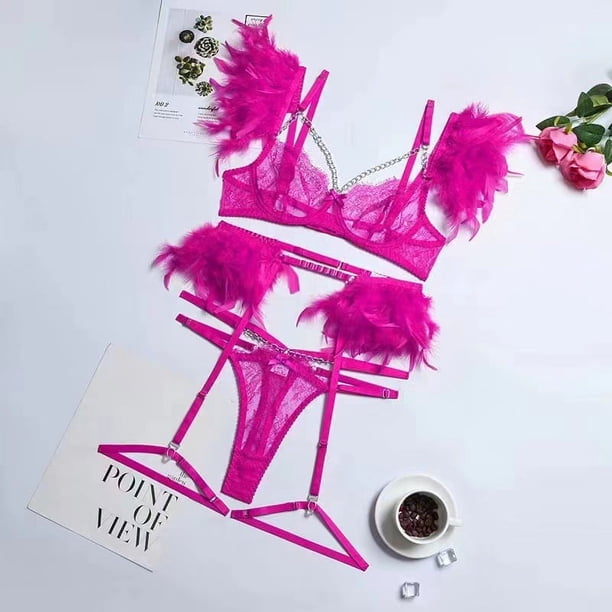 Traje de lencería sexy fina de encaje transpirable con plumas de malla push up de artesanía compleja popular europea y americana
