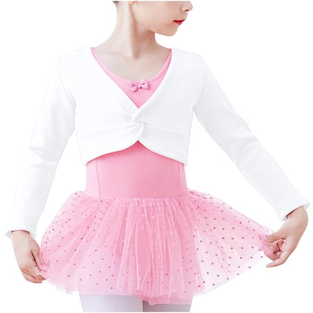 Girls Cotton Bolero Shrugs Long Sleeve Front Twist Knot Fashion Cute Shawls Wraps for Dress Cardigan (4-7 Years White)