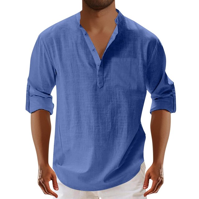 Blusa y camisa de manga larga con cuello alto para hombre, moda masculina, color liso, cuello vuelto, medio cárdigan, camisa informal con botones, blusa de algodón y poliéster para hombre
