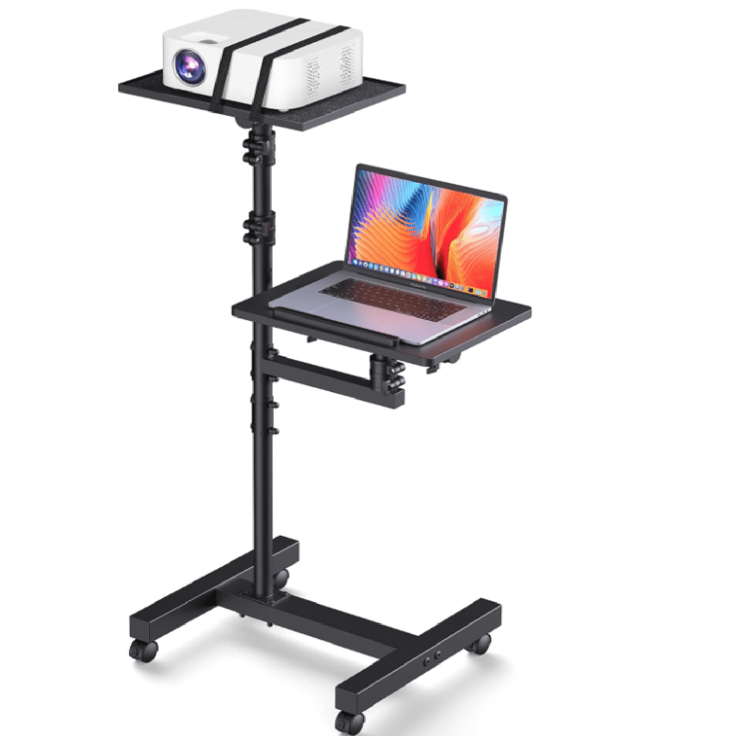 2 Shelves Projector Stand Tripod, Height Adjustable Max 64", Mobile Laptop Cart on Wheels Projector Tripod Stand, Overbed Table with Wheels, Rolling Laptop Floor Stand for Couch