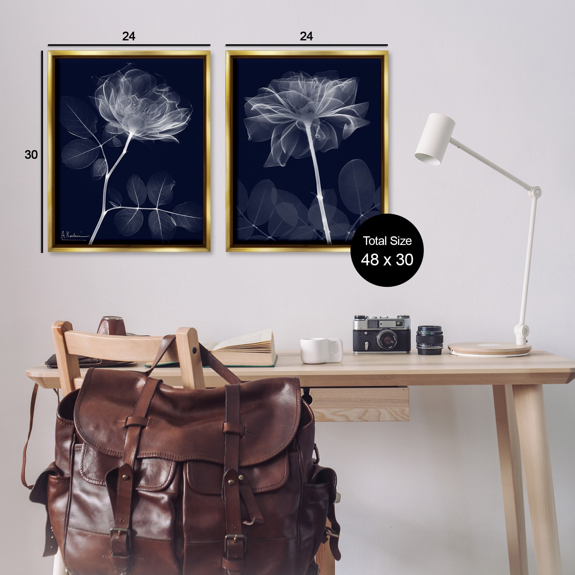 Stupell Industries X-Ray Blossom on Black Botanical & Floral Photography Gold Floater Framed Canvas Art Print Wall Art, 25 x 31, Set of 2
