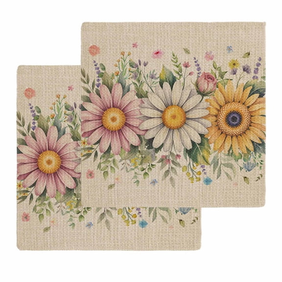Vintage Daisy Floral Kitchen Dish Towels for Drying Dishes Set of 2, Spring Flowers Botanical Leaves Rustic Waffle Weave Microfiber Hand Tea Bathroom Towels Quick Dry & Absorbent Towel 12x12
