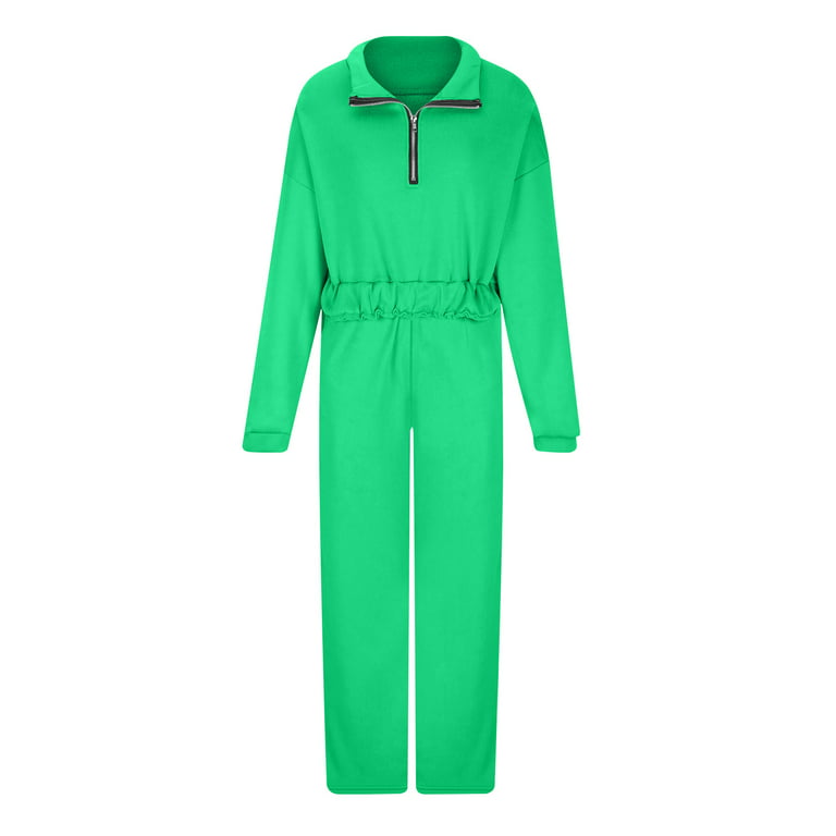 RQYYD Jogging Suits for Women 2 Piece Sweatsuit Outfits Long Sleeve Half  Zipper Lapel Crop Top Wide Leg Pants Solid Color Tracksuit Set Green S