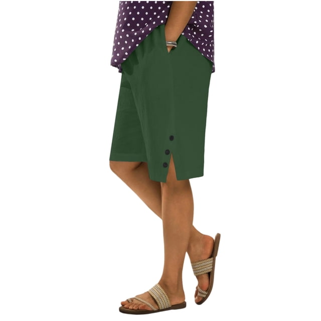 Xfvqtps Women Plus Size Shorts with Pocket Knee Length Side Slit Button Decoration Solid Color Casual Summer Shorts
