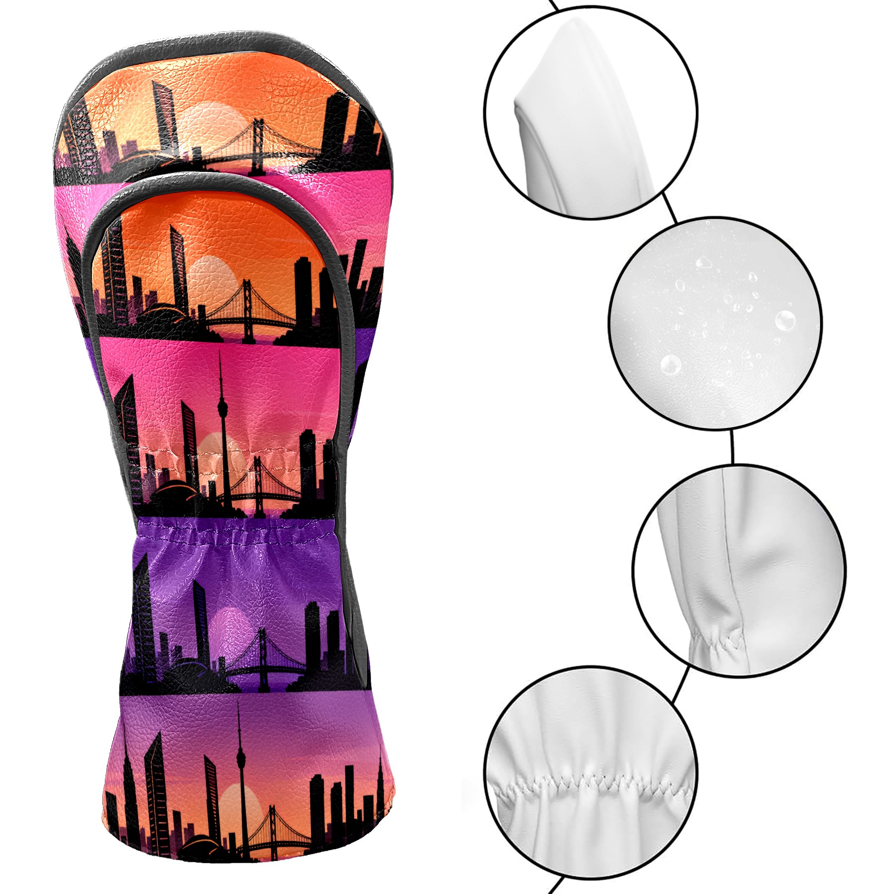 Golf Club Covers, Purple CitySkyline Premium PU Leather Driver Hybrid Putter Head Covers with Velvet Lining, Waterproof Golf Gifts for Men Women