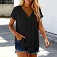 thumbnail image 3 of Felirenzacia Women's V-Neck Button Down Pleated Blouse Casual Short Sleeve Loose Tunic Top Black,2XL, 3 of 8