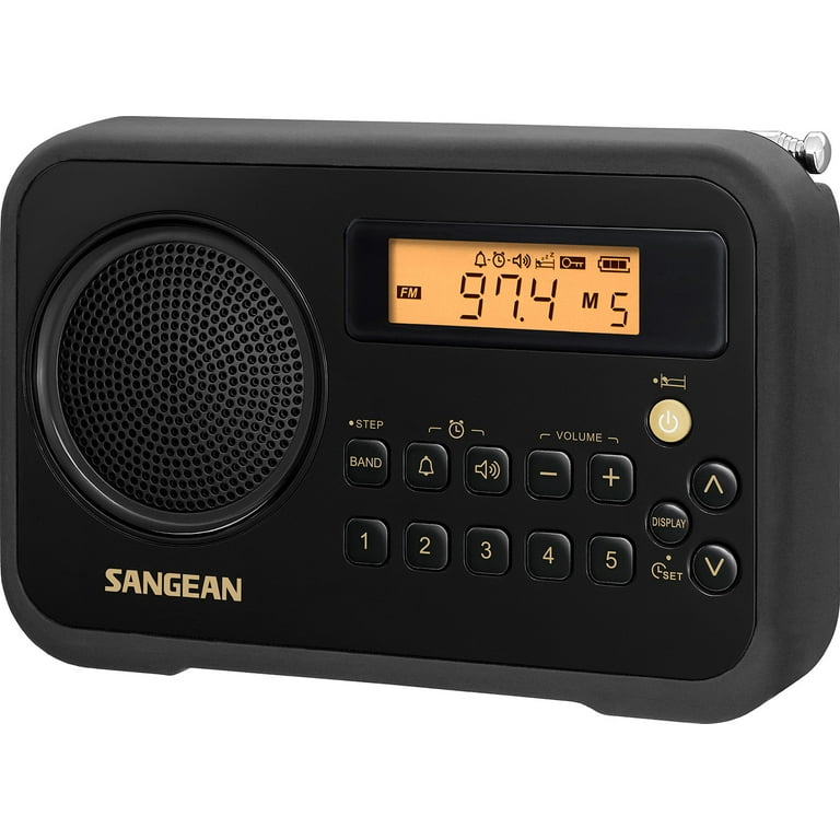 Sangean Silver Portable AM/FM Radio with Digital Display, Headphone Jack,  and Alarm - Battery or AC Powered
