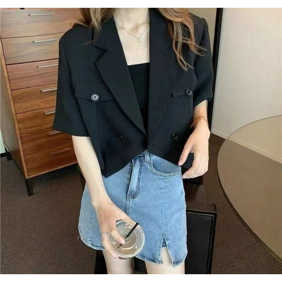 Chic Double Breasted Black Blazers: Summer Office Style Short Sleeve Crop Tops for Women, Fashionable Ulzzang Loose Outwear Suits - XL / Black