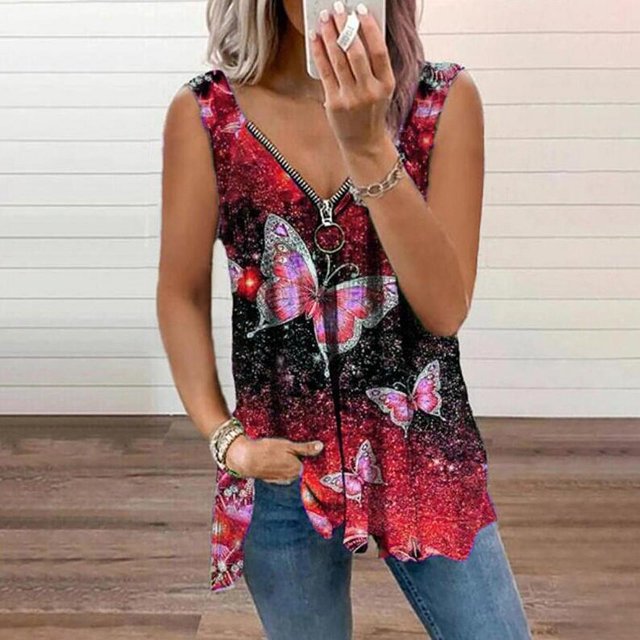Ropa de mujer con cuello en V rosa cremallera chaleco camiseta sin mangas de mujer Eccomum Mariposa-Rojo M