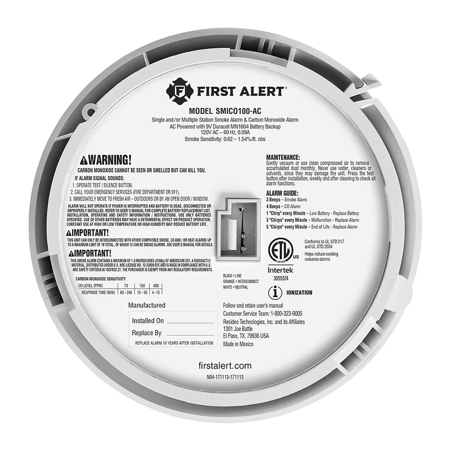 First Alert SMICO100-AC Interconnect Hardwire 2-in-1 Smoke and CO Alarm with Battery Backup, Ionization