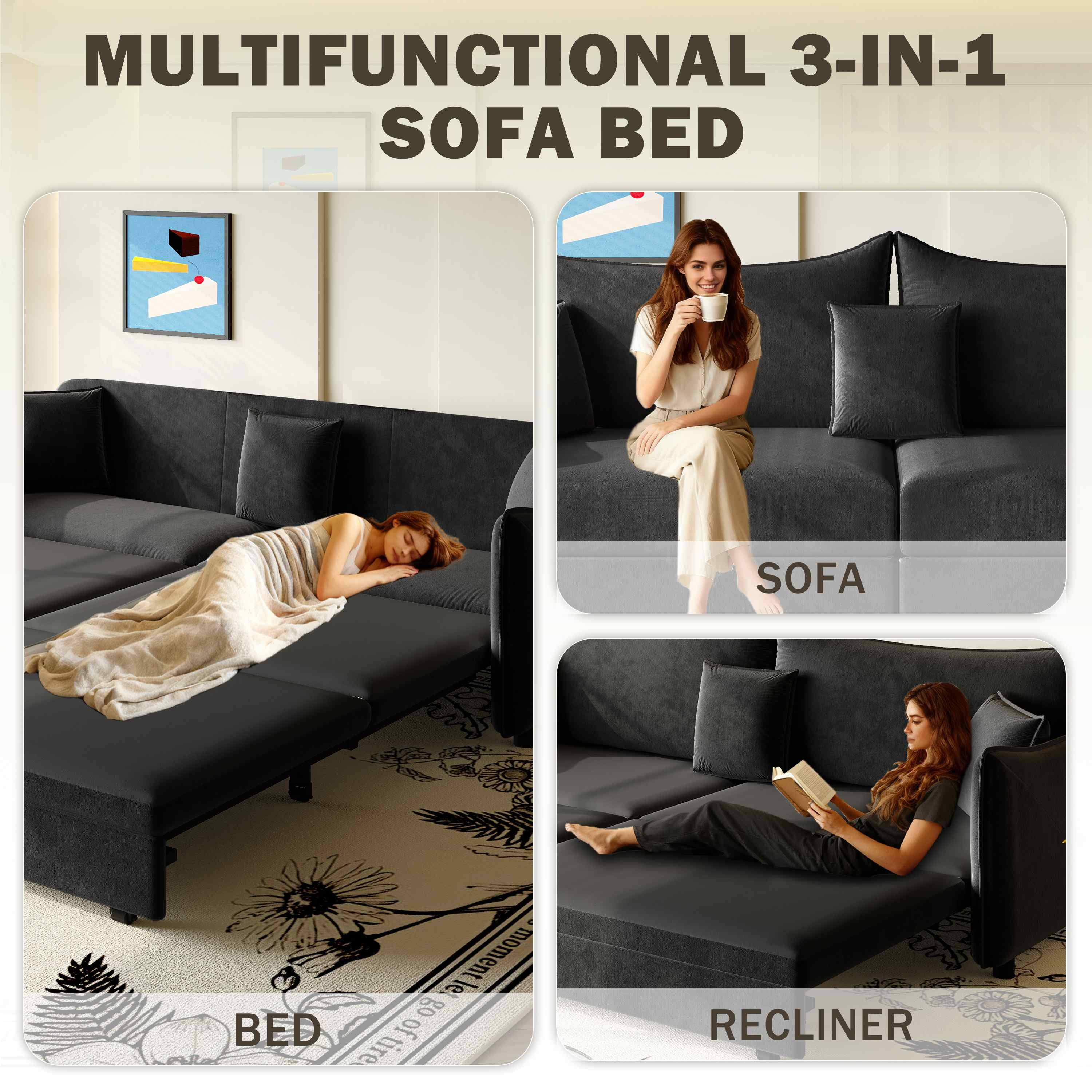 FFH 81.9" Sofa Bed King, 3 in 1 Convertible Sleeper Sofa, Pull Out Sofa Bed with 3 Pillows, Modern Velvet 3-Seater Couch for Living Room, Black