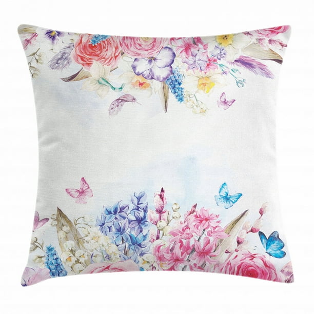 Shabby Chic Throw Pillow Cushion Cover, Romantic Garden Roses Flowers Daisies Leaves Print