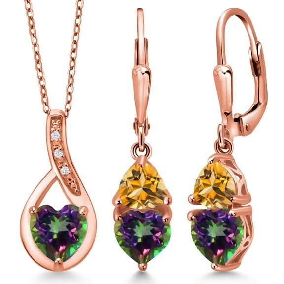 Gem Stone King 18K Rose Gold Plated Silver Green Mystic Topaz and Yellow Citrine Pendant Earrings Set for Women (4.22 Cttw, Gemstone Birthstone, with 18 inch Chain)