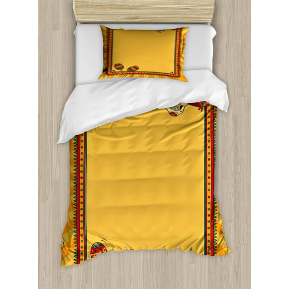 Fiesta Duvet Cover Set Twin Size, Frame Pattern with Skull Sombrero and Maracas Mexican Elements Geometric, Decorative 2 Piece Bedding Set with 1 Pillow Sham, Marigold Red Green, by Ambesonne