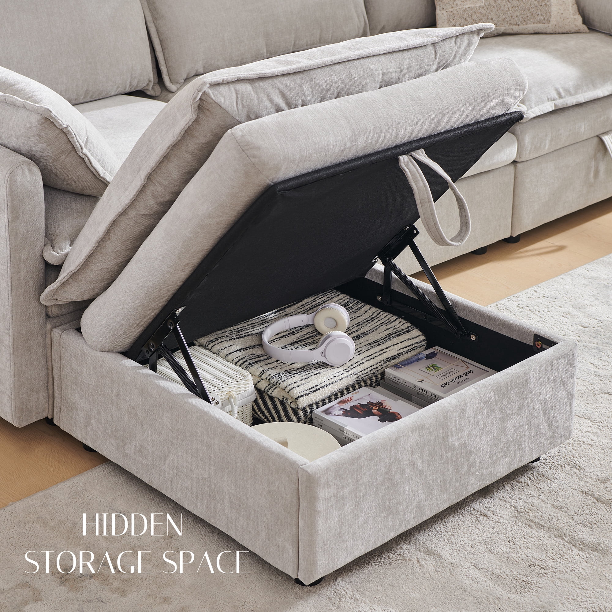 wow97e Modern Sectional Couch Set for Living Room, U-Shaped Cloud Sofa Couch with Large Storage, Chenille Fabric, 4 Seat Couch with 2 Movable Ottomans