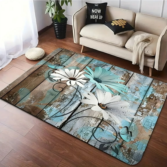 Rustic Wooden Daisy Floral Butterfly Area Rug Carpets for Home Living Room Kitchen Bedroom r Anti-Slip Floor Mat
