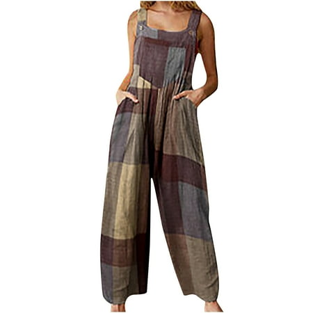 

Jsezml Womens Casual Patchwork Jumpsuits Vintage Print Bohemian Wide Leg Overalls Loose Comfy Dual Pockets Baggy Rompers
