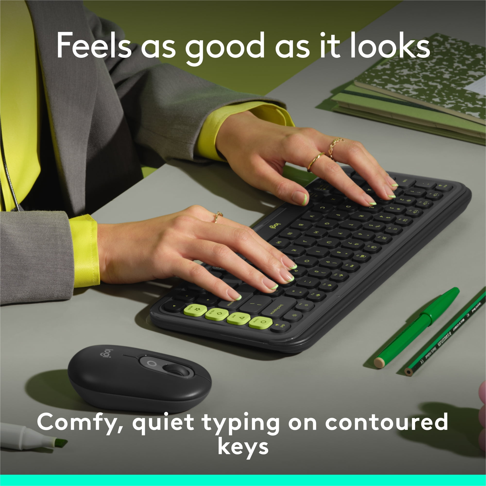 Logitech POP ICON KEYS Wireless Bluetooth Keyboard, Comfortable Typing, Programmable Keys, Easy-Switch Between up to 3 Devices (Graphite & Green) - Wireless Connectivity - Bluetooth - 32.81 ft