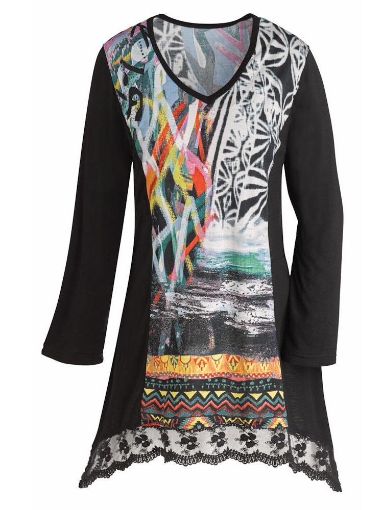 Parsley & Sage Women's Tunic Top Crazy Colorful Lace Hem Long
