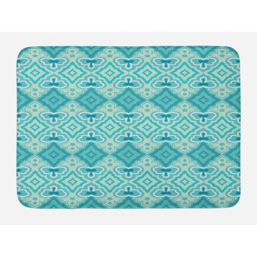 Teal Bath Mat, Abstract Geometric Pattern in Vintage Floral Design