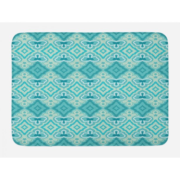 Teal Bath Mat, Abstract Geometric Pattern in Vintage Floral Design