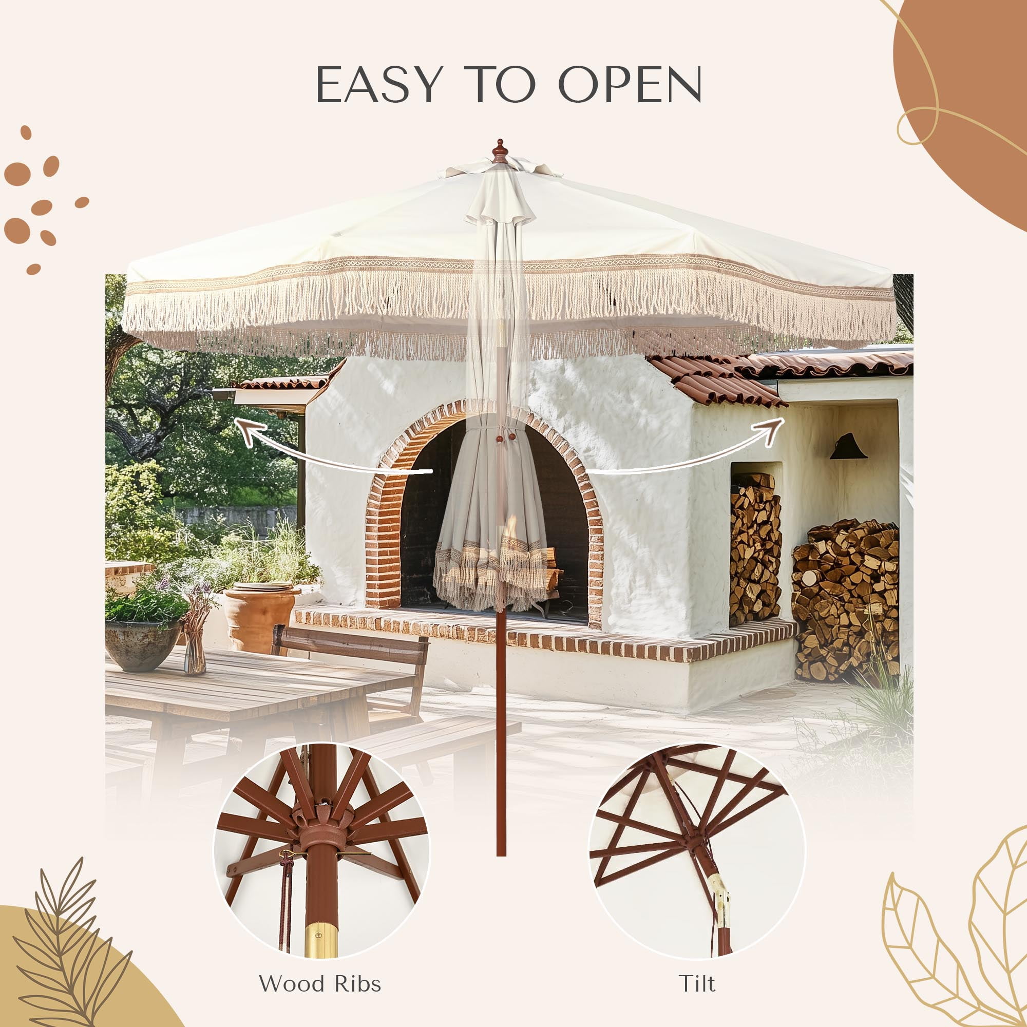 LAGarden BOHO 9' Fringe Patio Umbrella with Tassels UPF50+ Boho Style 5-Year-Non-Fading for Outdoor Yard Market Ivony Xchevron