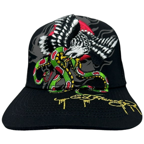 Ed Hardy Trucker Hat Embroidered Tattoo Eagle Snake Black Mesh Snapback Cap