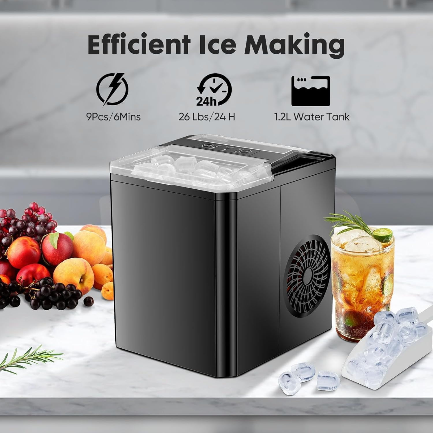 Ice Maker, Portable Countertop Icemaker Machine, Self Cleaning Quiet 2 Sizes Bullet Cubes Makers, 9 Cubes in 6 Mins, 26lbs/24Hrs with Ice Scoop, Basket for Home Kitchen Party,Black