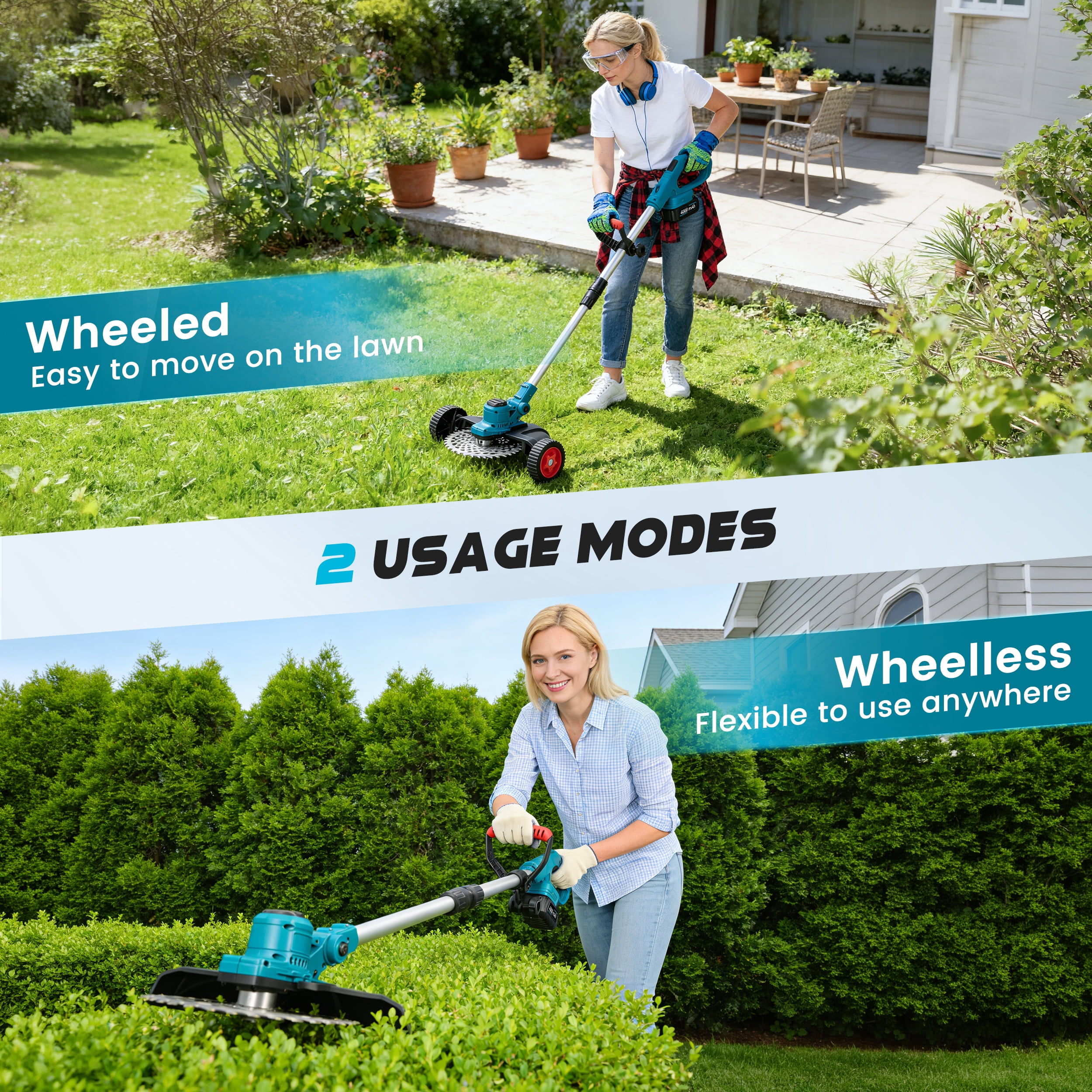 RELOIVE Brushless Weed Eater Cordless with Wheels, 950W 21000RPM Weed Wacker with 2 x 4.0Ah Batteries, 4-in-1 Foldable Electric String Trimmer & Edger for Lawn, Garden, Brush Cutting