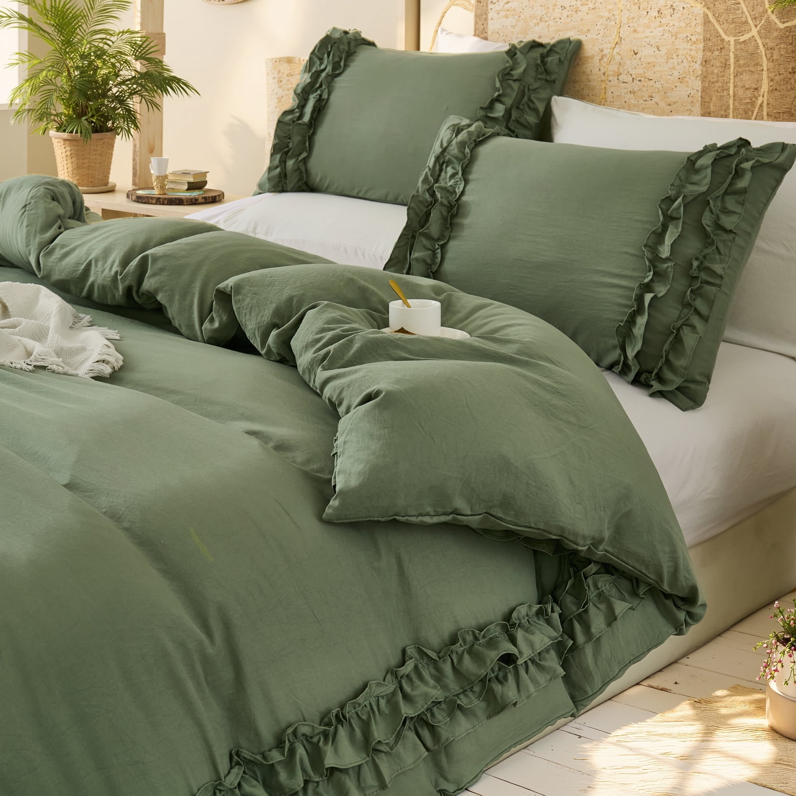 Avocado Green Ruffle Duvet Cover Set Queen Size Shabby Chic Bedding Set Ruffled Farmhouse Avocado Green Comforter Cover Boho Duvet Cover Set