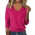 thumbnail image 3 of ManxiVoo V Neck Lightweight Sweater for Women Soft Knitted Pullover Long Sleeve Loose Fit Layering Staple Everyday Casual Top S Size Hot Pink, 3 of 6