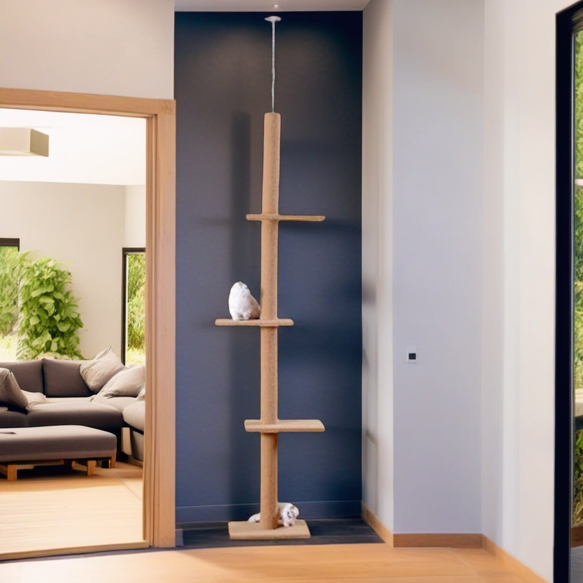 Kadyn 90"-108" Height Adjustable Cat Tree Tower, Floor to Ceiling Three Tier Cat Tower for Indoor Cats Modern Cat Climbing Tree, Beige
