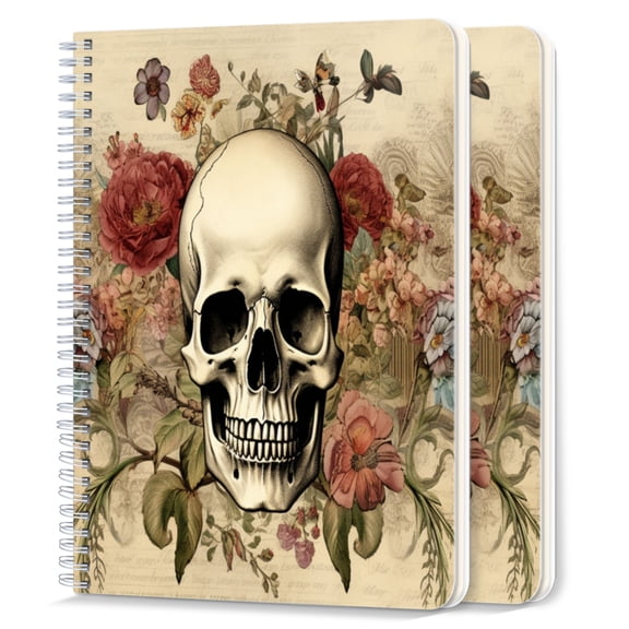 Spiral Notebook,College Ruled Journal,8.26" x 5.71" 50 Sheets/100 Pages,2 Pack - Vintage Skull And Floral Design