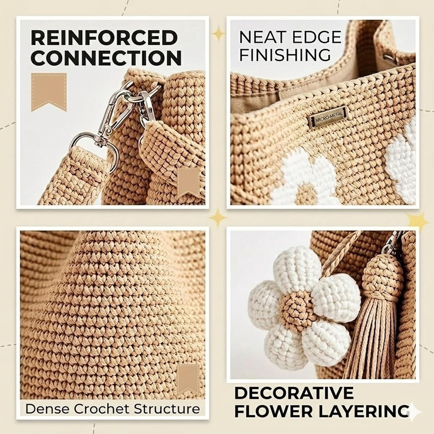 Handmade Crochet Flower Tote, Crochet Tote Bag for Women, Crossbody Mesh Knit Shoulder Bag with Cute Flower&Tassel Charm
