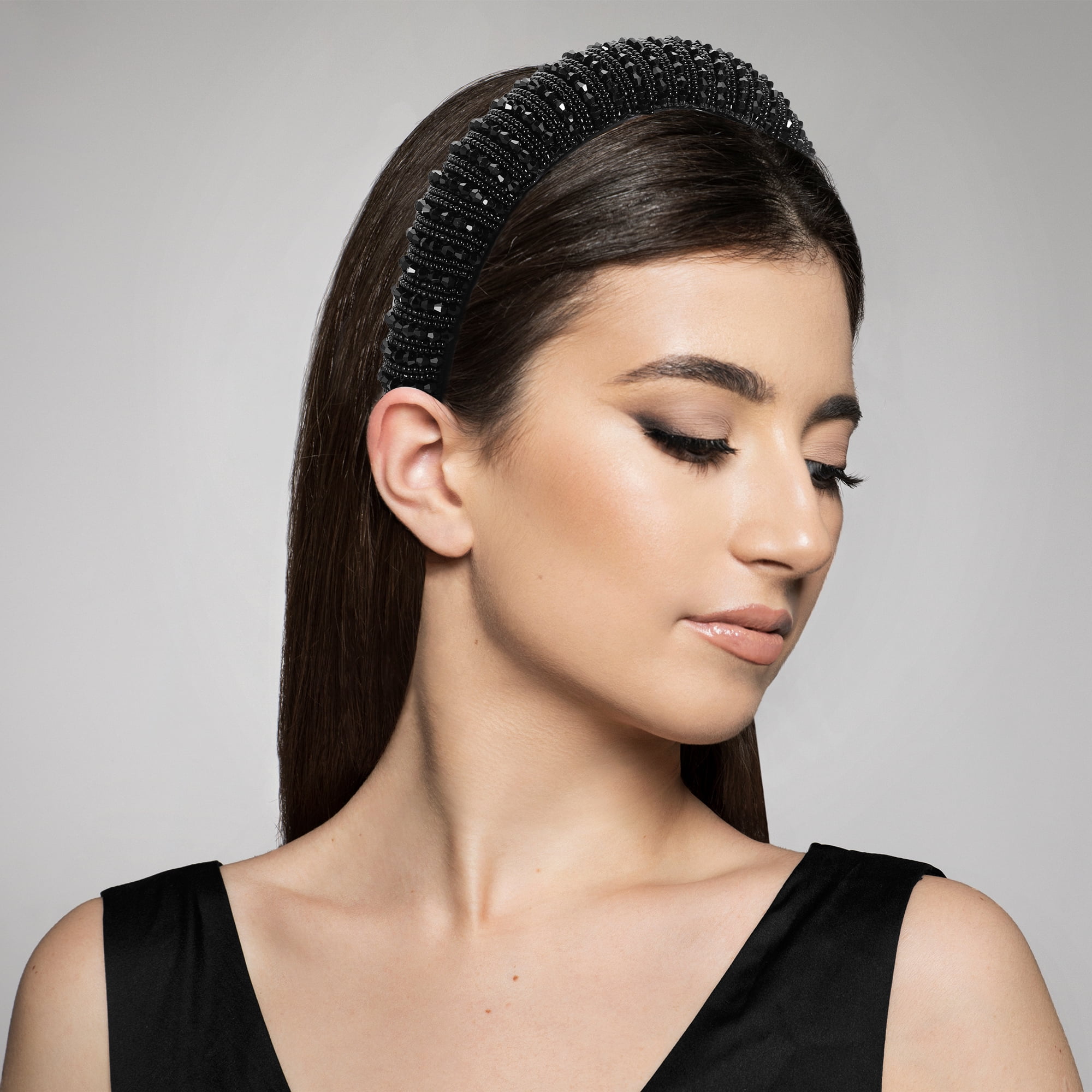 Unique Bargains Crystal Headband Rhinestone Hairband for Women 1.2 Inch Wide Black